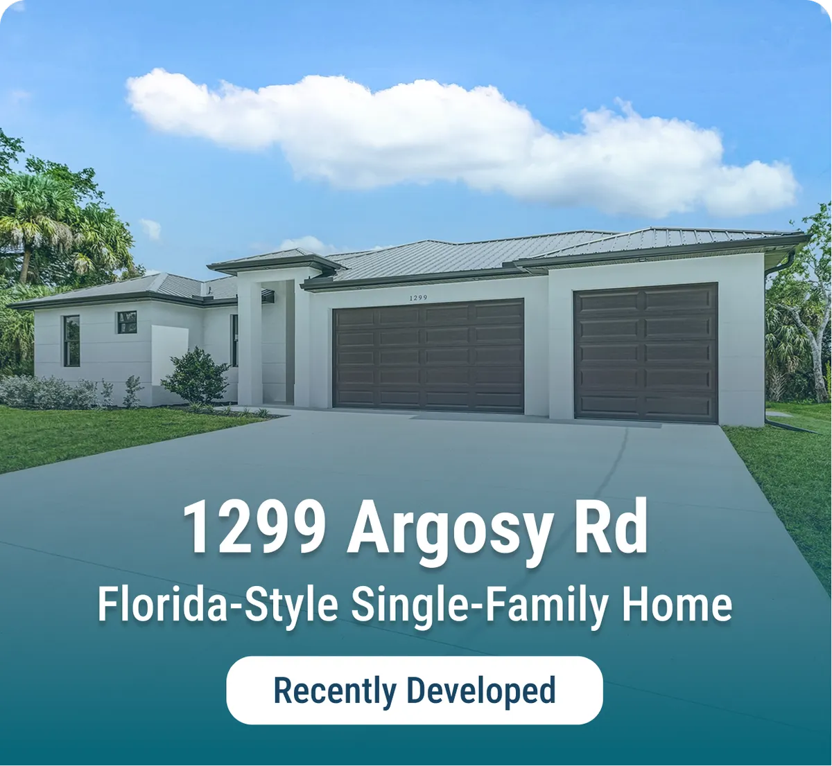 Completed Florida-style single-family home at 1299 Argosy Rd, Southwest Florida. Recently developed by Ames Built.