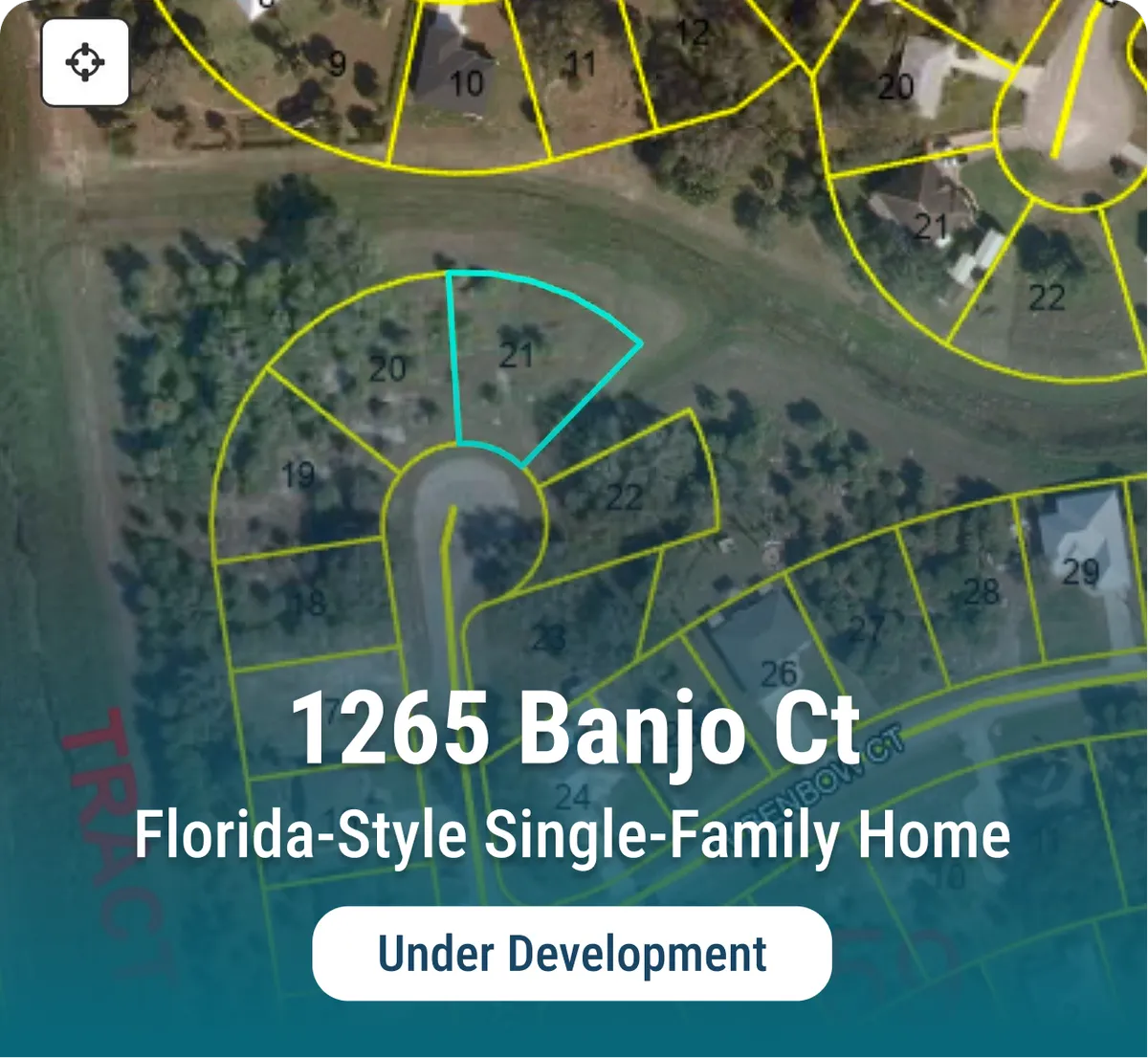 Aerial plot map for 1265 Banjo Ct, a Florida-style single-family home currently under development by Cole Ames.