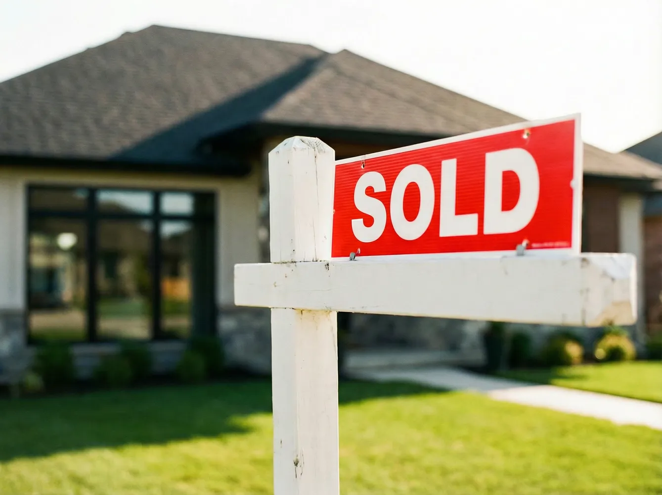 "Sold" sign posted in front of a newly completed Ames Built property.