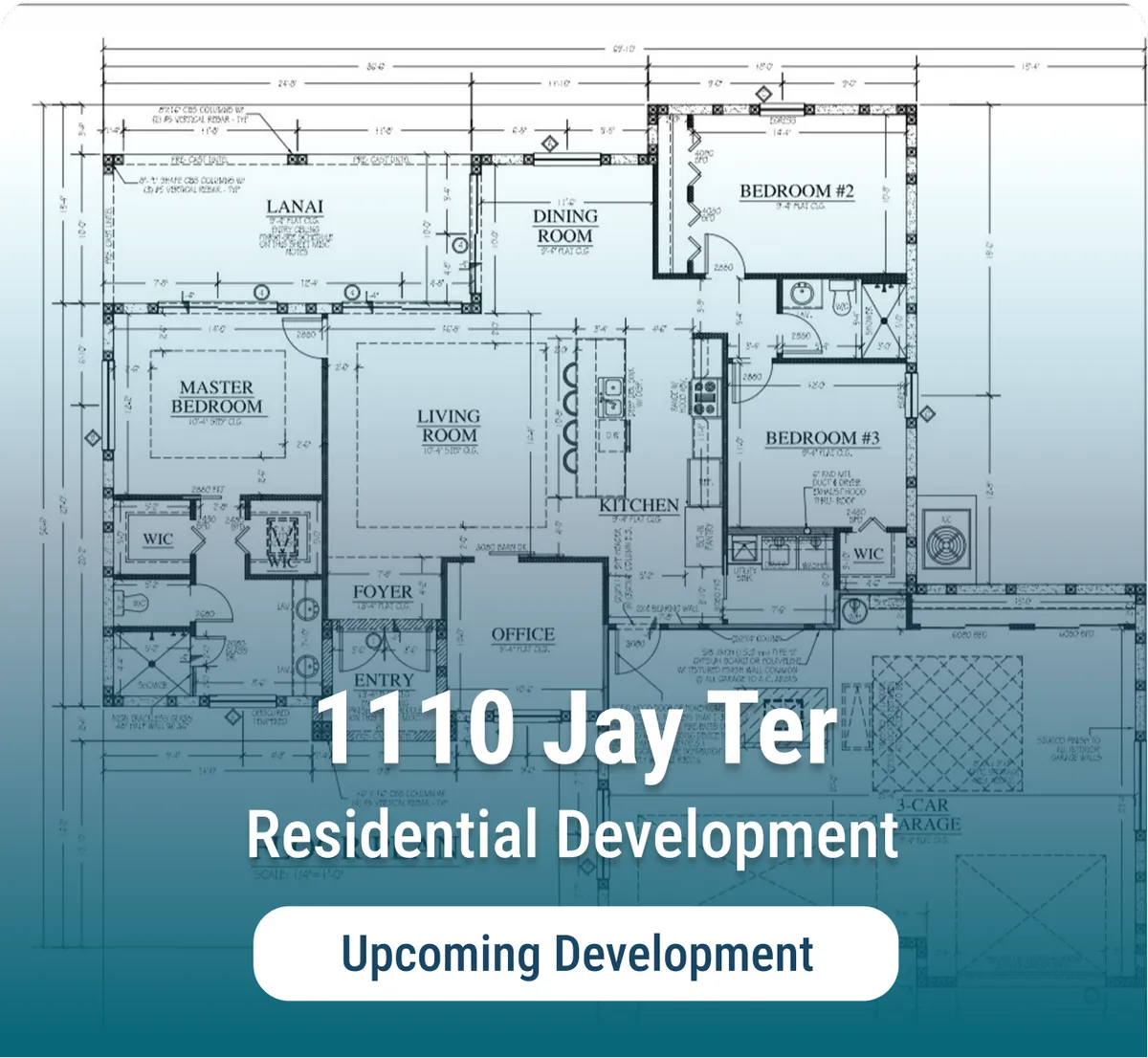 Architectural blueprint overlay for 1110 Jay Ter, an upcoming residential development project in Southwest Florida by Ames Built.