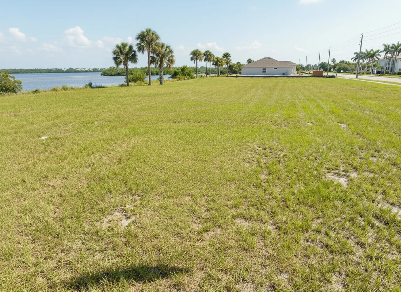 vacant-land-lot-clearing-florida Ground-level view of a cleared grassy vacant lot ready for new home construction.