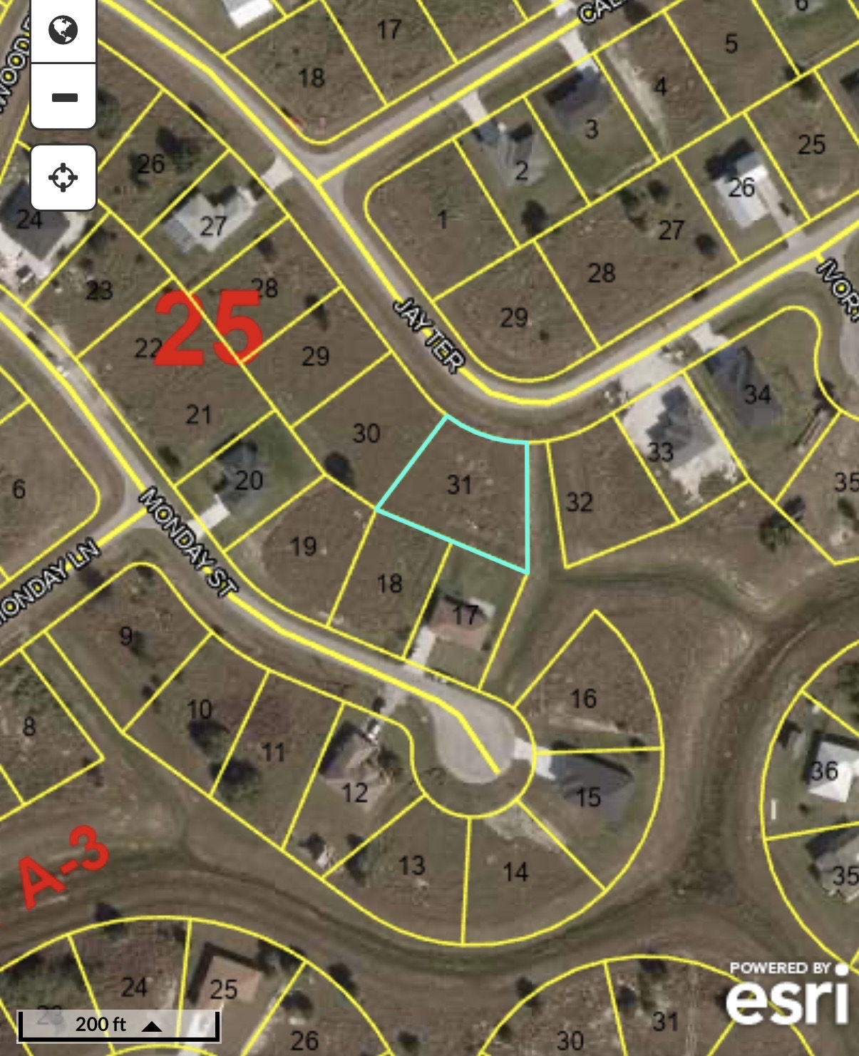 Satellite aerial view of land plots and boundaries for residential development in Southwest Florida.