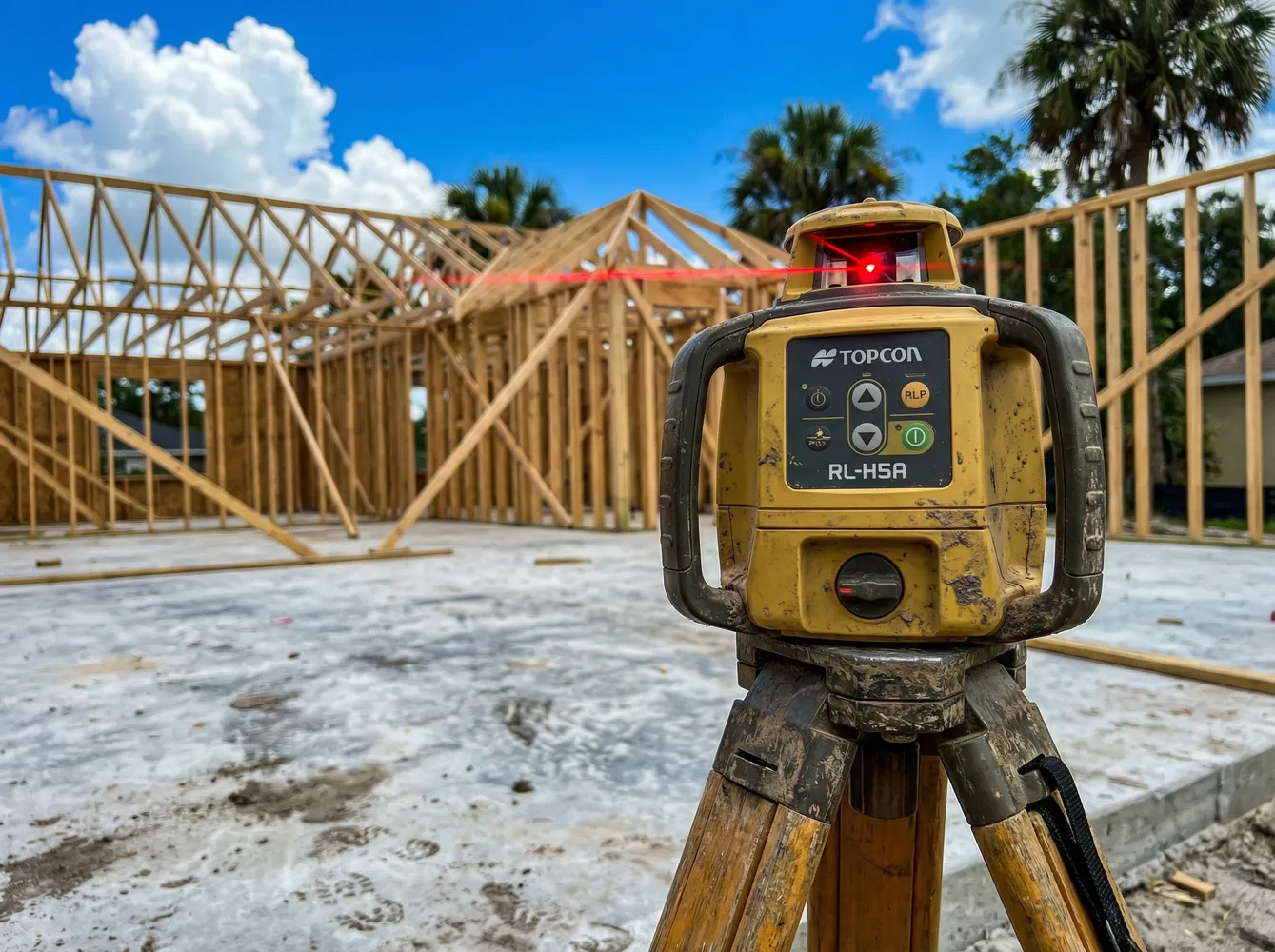 Construction laser level on a tripod at an Ames Built job site with timber framing in the background.