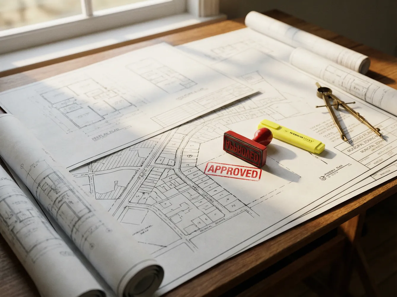 Rolled-up architectural blueprints and permits on a desk, representing the permitting phase of land development.